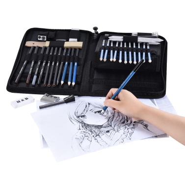 40pcs/ Set Professional Sketching Drawing Pencils Kit Including Sketch Graphite Charcoal Pencils Willow Sticks Erasers Sharpeners with Pop-Up Stand Carry Bag for Art Supplies Students
