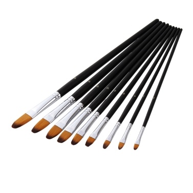 9pcs Professional Artist Paint Brushes Set Black Long Wooden Handle Nylon Hair Paintbrush for Acrylic Oil Watercolor Gouache Drawing Art Supplies, Flat Tip