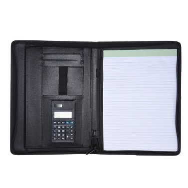 Multifunctional Professional Business Portfolio Padfolio Folder Document Case Organizer A4 PU Leather Zippered Closure with Calculator Card Holder Memo Note Writing Pad