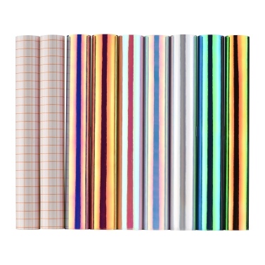 7 Colors Holographic Adhesive Craft Vinyl 30.5x30.5cm/12x12In with 2 Pieces of Transfer Film Compatible with Cricut Silhouette Cameo Decals Signs Home Decoration DIY Crafts