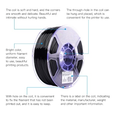 eSUN PETG 1.75mm 3D Printer Filament Printing Consumables Dimensional Accuracy: +/- 0.05mm 1kg(2.2lb) Spool Material Refills Solid Black