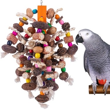 Large Parrot Chewing Toys Wooden Bird Cage Toy Natural Nuts Corn Parrot Toy for African Grey Macaws Cockatoos and Other Large Birds