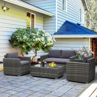4-Piece Cushioned Patio Furniture Set, with 2 Chairs, Loveseat, and Glass Coffee Table, Rattan Wicker, Grey