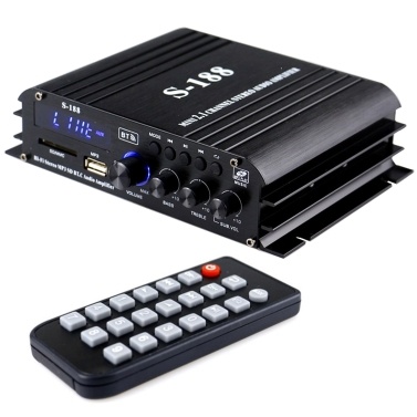 S-188 Mini Audio Power Amplifier 2.1 Channel Digital BT Amplifier 40W*2+68W USB Memory Card Slot MP3 Player LCD Display with Remote Control Bass Treble Volume Control
