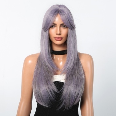 Layered Long Straight Hair Wig with Fringes Women's Fashionable Realistic Wig Purple Wig with Hair Net Natural Breathable Heat Resistant Synthetic for Cosplay Party Daily Use