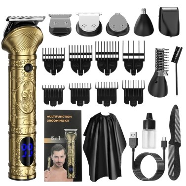 6 in1 Mens Hair Clipper Set Beard Shaver Electric Body Hair Trimmer Nose Trimmer Haircut Kit Engraving Cutter Limit Combs USB Rechargeable