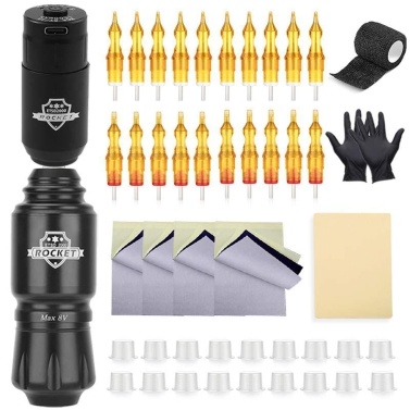 Tattoo Machine Kit Rotary Motor Tattoo Pen Tattoo Power Supply 5RM/5RL Integrated Needle Transfer Paper Practice Skin Ink Cup Gloves Bandage Tattoo Equipment
