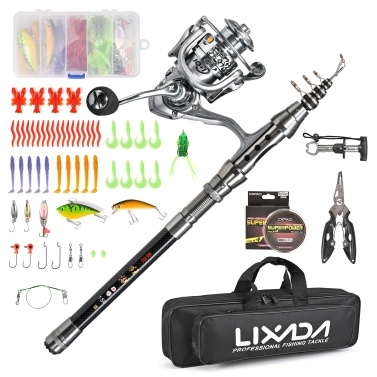 Lixada 1.5m/1.8m/2.1m/2.4m Telescopic Fishing Pole and Fishing Reel Combo with Fish Lip Gripper and Fishing Pliers