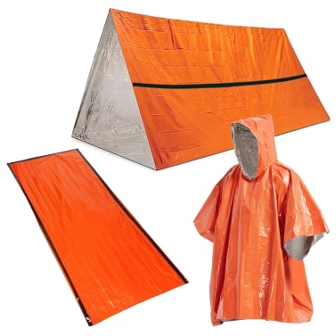 Outdoor Emergency Survival Poncho Waterproof Heat Reflective Thermal Poncho Raincoat with Sleeping Bag for Camping Hiking Adventure
