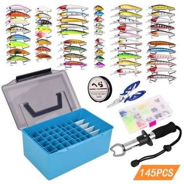 145pcs Fishing Accessories Kit Assorted Fishing Minnow Lures Baits Soft Worm Lures Jig Hooks Swivels Fish Lip Gripper Pliers with Tackle Box