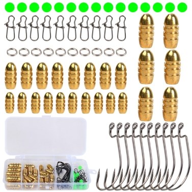 64pcs Fishing Accessories Set Fishing Bullet Weights Sinkers Hooks Split Rings Connector with Tackle Box