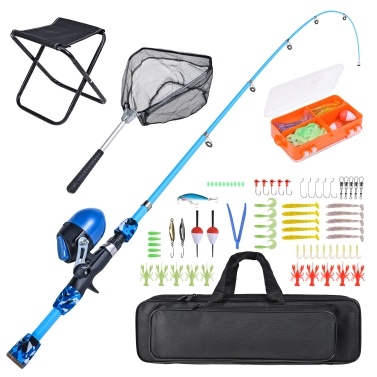 Kids Fishing Rod and Reel Combo with Collapsible Fishing Stool Landing Net Telescopic Fishing Pole Tackle Box Accessories for Boys and Girls