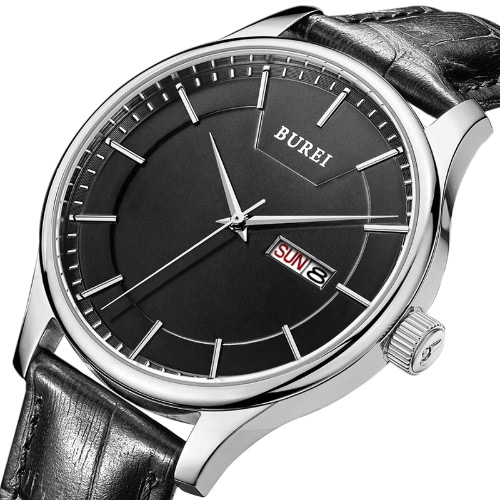 

BUREI Simple Watch Men Genuine Leather Stainless steel Quartz Casual Wristwatch 30M Waterproof Date Business Watches
