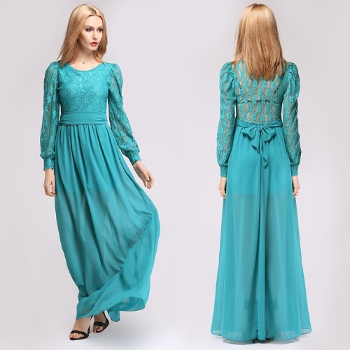 

New Women's Ladies Stylish Long Sleeve Sexy Lace Chiffon Splicing Party Dress