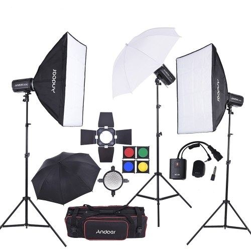Andoer MD-250 750W (250W * 3) Studio Strobe Flash Light Kit with Light Stand Softbox Lambency Unbrella Barn Door Flash Trigger Carrying Bag for Video Shooting Location and Portrait Photography