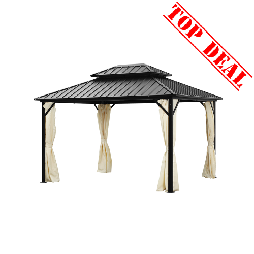 Tonnelle de jardin 3X3,65 Aluminium + toit en acier galvanisé + rideaux et moustiquaires - Sirius