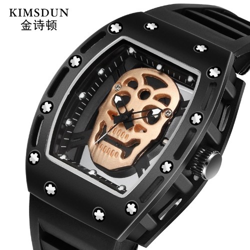 

Cross-border new King Shidun fashion skull ghost head hollow men's watch wine barrel watch silicone quartz watch wholesale Black shell black skull