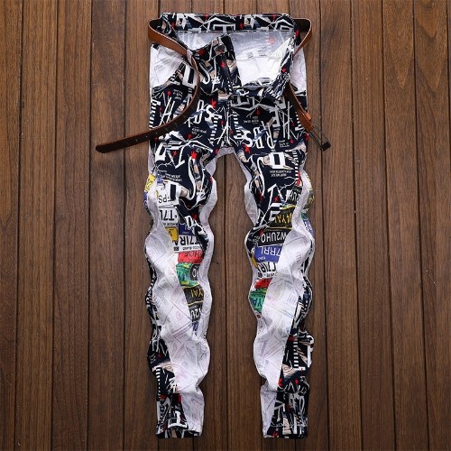 

new men's stretch slim straight white print personality jeans