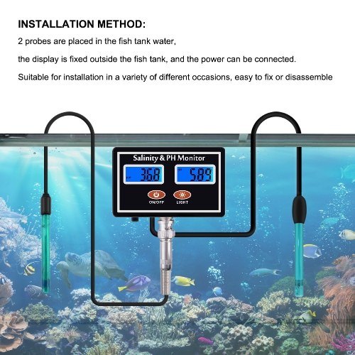 

2-in-1 PH/Salinity Water Quality Monitor Multi-functional pH & Salinity Monitor Meter Sea Water Salinity Monitor PH Water Quality Tester Dual LCD Display with Green Backlight