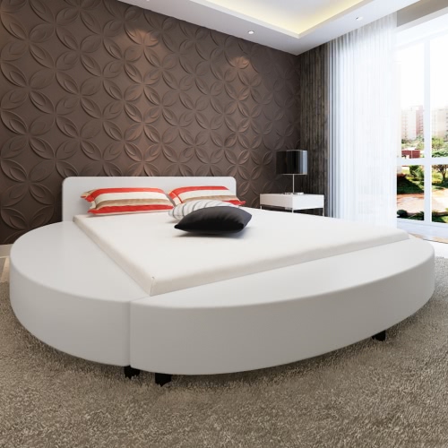 Artificial Leather Round Bed 180 cm White with mattress