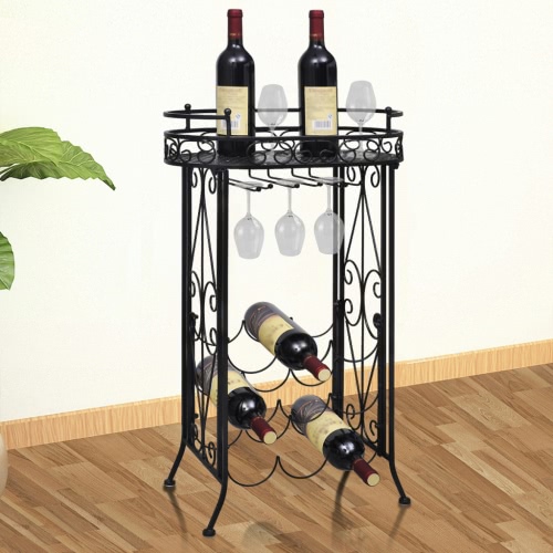 Metal Wine Rack Wine Table with Hooks for 9 Bottles