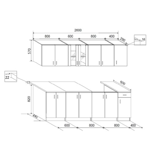 

8 pcs High Gloss White Kitchen Cabinet Unit with Sink Base 260 cm