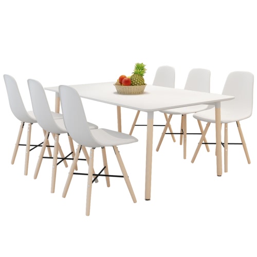 White Dining Set 1 Rectangular Table with 6 Armless Chairs