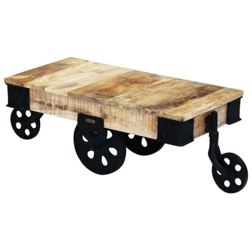 

Coffee table with rough wooden handle wheels