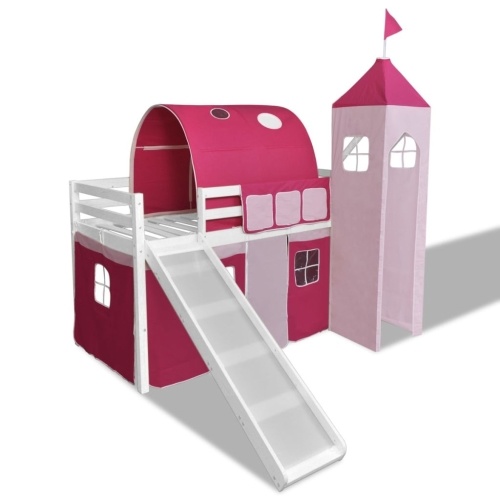 

High bed for children with slide and pink wood staircase