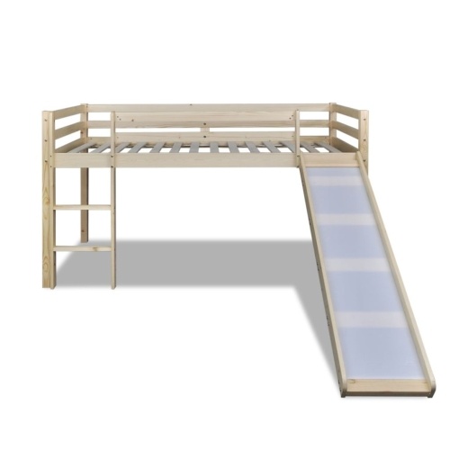 

High bed for children with slide and natural wood staircase