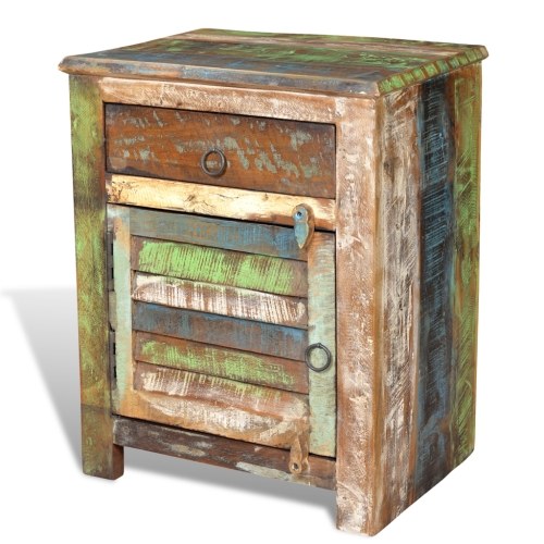 

multicolored recycled wood furniture with table 1 drawer 1 door