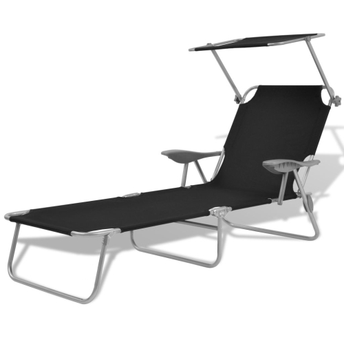 Outdoor Sun Lounger with Canopy Black Steel 58x189x27 cm