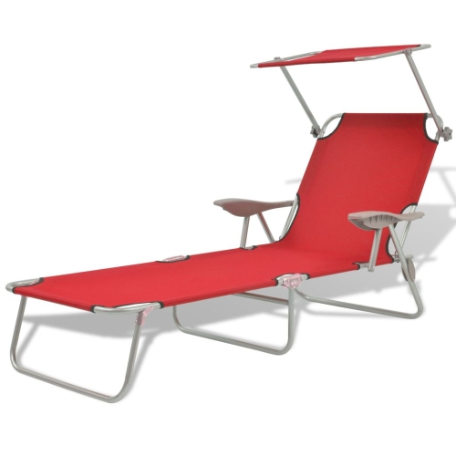 Outdoor Sun Lounger with Canopy Red Steel 58x189x27 cm