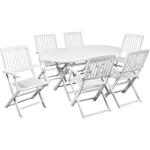 

Dining table with six chairs outside of acacia wood White