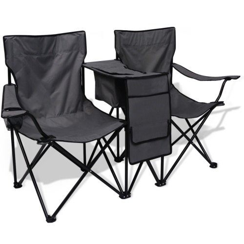 Chaise de camping pliante double grise avec porte gobelet et table