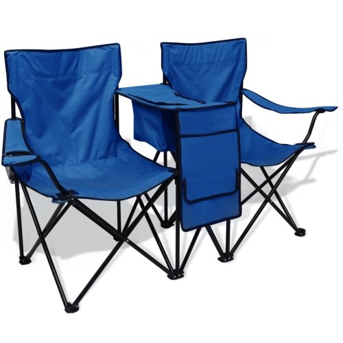 Chaise de camping pliante double avec porte gobelet et table bleu