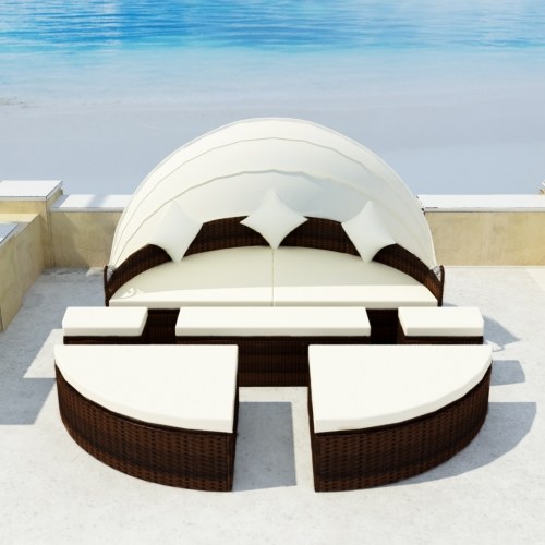 

Lounge Bed 15 Pieces with Canopy 2-in-1 Brown Poly Rattan
