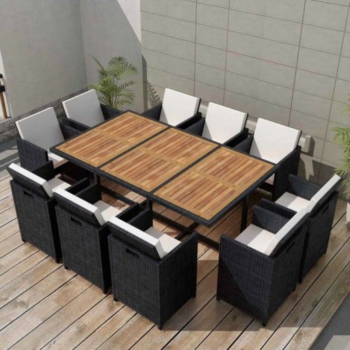 31 Stück Outdoor Esszimmer Set Schwarz Poly Rattan Acacia Holz