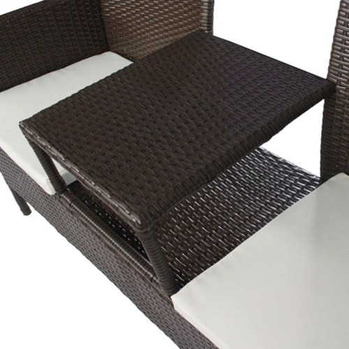 2 seater bench with brown poly rattan tea table