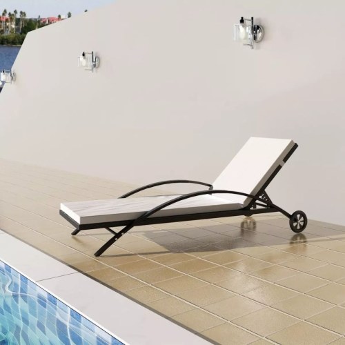 Polirattan sun lounger with cushion and 2 wheels black