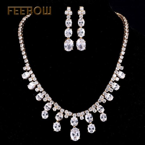 bride wedding jewelry oval copper zircon necklace earrings set