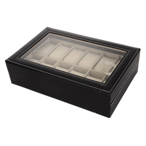 12-digit watch storage box factory direct open window jewelry jewelry box cover transparent glass leather jewelry box black