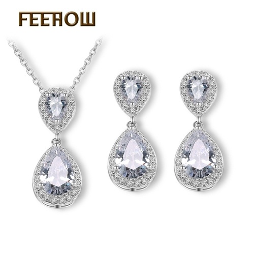 FEEHOW simple drop zircon earrings necklace two-piece hypoallergenic