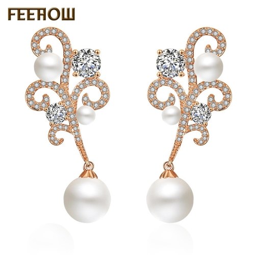 

FEEHOW shiny pearl gold-plated zircon earrings