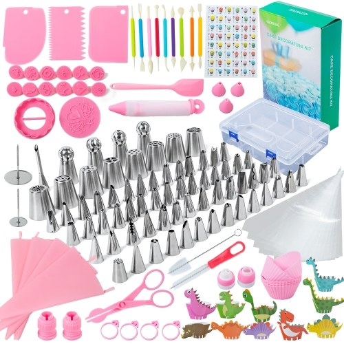 146 PCS Kuchen Dekorationszubehör Kit Cupcake Dekorationsset Nummerierte Zuckerguss-Tipps Russisch Koreanische Kugelblätter Gras Creampuff Düsen Spatel Schaber Cupcake Halter Kupplungen Fondantformen Spritzbeutel Backzubehör für Anfänger (mit Mustertabelle)