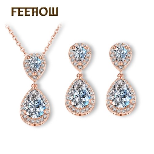 

FEEHOW simple drop zircon earrings necklace two-piece hypoallergenic