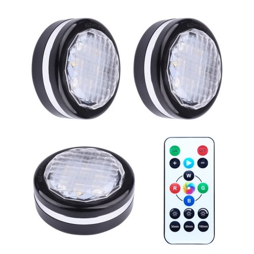 

Batterys Operated Under Cabinet Lights Dimmable LEDs Puck Light with Remote for Kitchen RGBW Colors Changing Closet Lights Under Counter Lighting