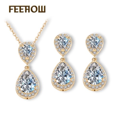 FEEHOW simple drop zircon earrings necklace two-piece hypoallergenic
