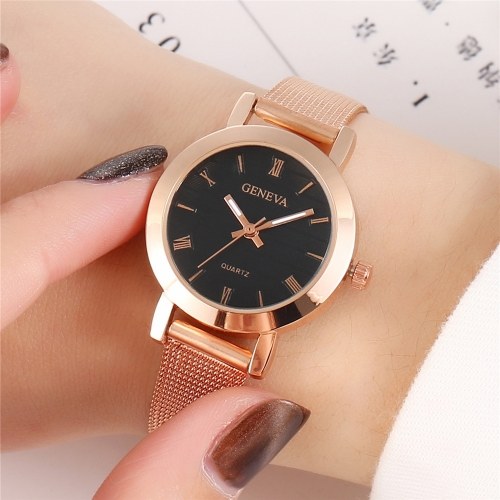 

Simple Roman Numeral Time Quartz Watch Women Fashion Alloy Mesh Band Wrist Watch