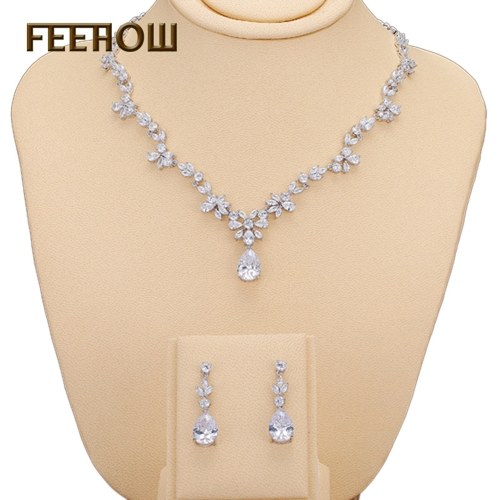 Korean AAA Zircon Necklace Earrings Set Chain Bridal Dinner Jewelry